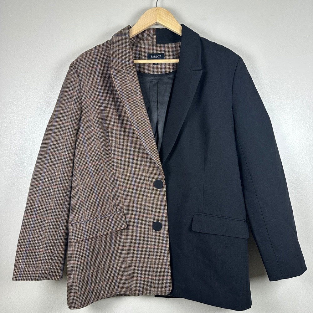 Bardot Women's 6 Blazer Black Brown Split Asymmetrical Houndstooth Jacket